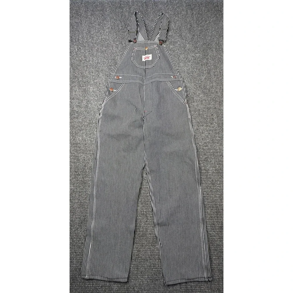Round House Overalls Kids 10 Blue White Striped Denim Bib Pockets Made USA Train